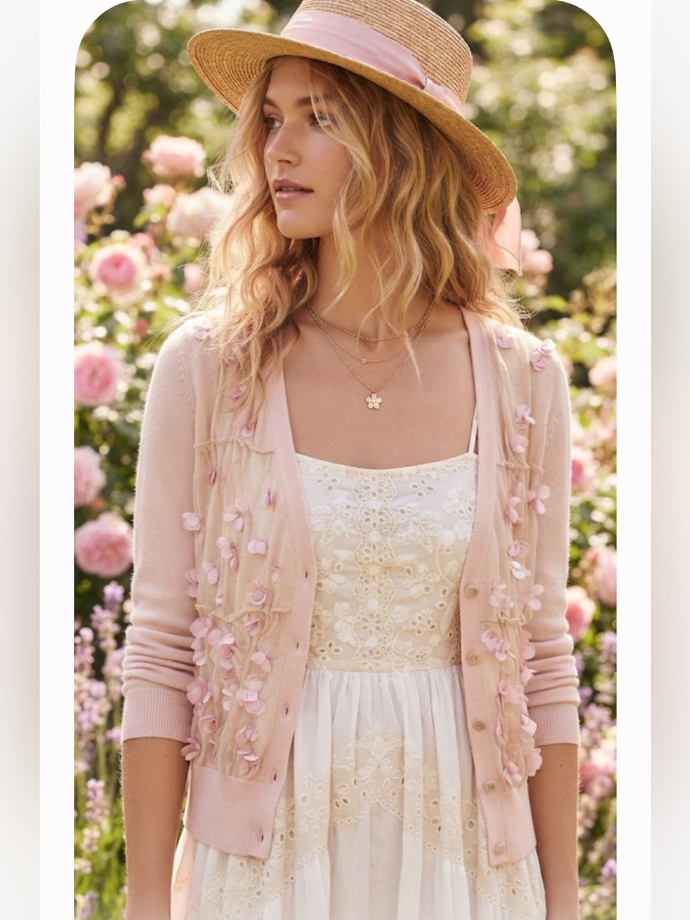J. Crew pink cotton body with silk flower’s cardigan